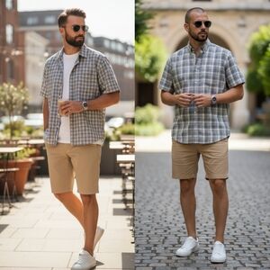 Banana Republic Men's Short-Sleeve Plaid Button-Up Shirt in Blue and Gray